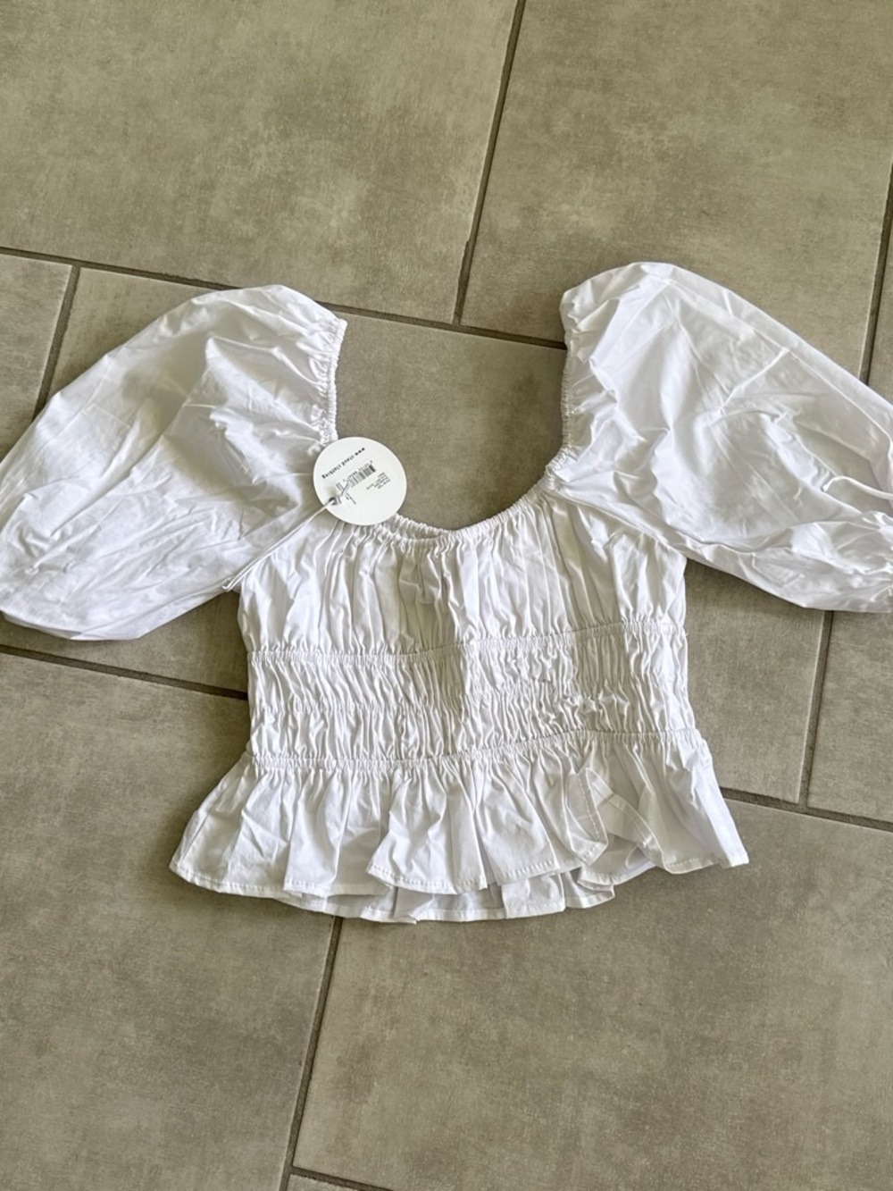 STAUD White Smocked Peplum Puff-Sleeve Top